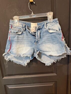 One Teaspoon Light Blue Denim Cutoff Shorts with Red Side Trim